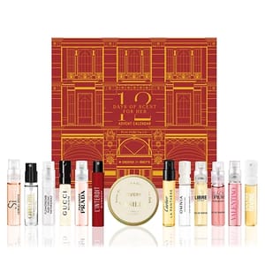 12 Days of Scent for Her Advent Calendar by Macy's includes mini perfumes: Giorgio Armani Sì, Gucci Flora, Prada Paradoxe, Givenchy L'Interdit, Maison Margiela REPLICA, Cartier La Panthère, Bvlgari Omnia, Yves Saint Laurent Libre, Valentino Donna, and more.