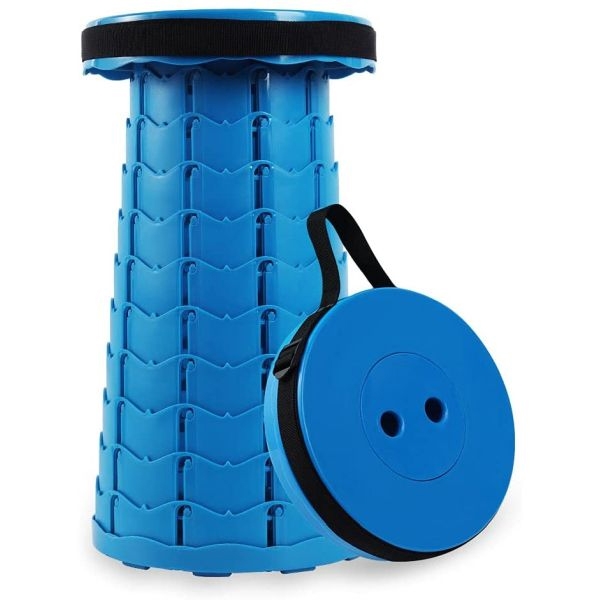 A blue collapsible stool with a unique interlocking design and a carrying strap, shown in both extended and collapsed views for easy portability.