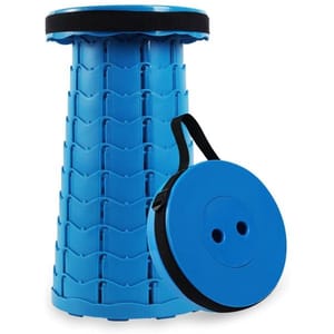 A blue collapsible stool with a unique interlocking design and a carrying strap, shown in both extended and collapsed views for easy portability.