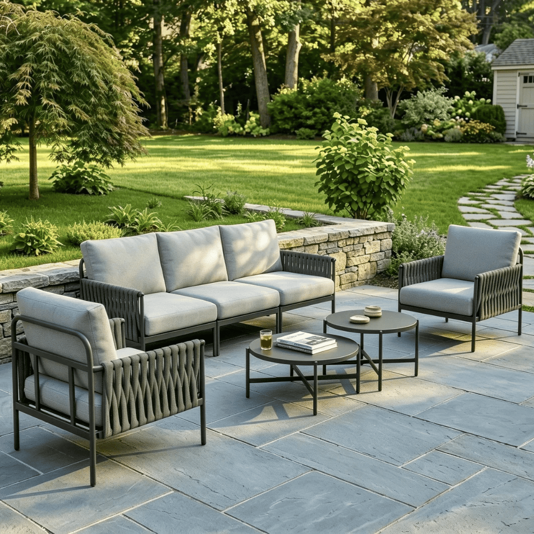 Outdoor patio set with a stone-paved area, including a three-seater sofa, two chairs with rope detailing, and two round coffee tables. Surrounded by a landscaped garden with lush greenery and a stone pathway.