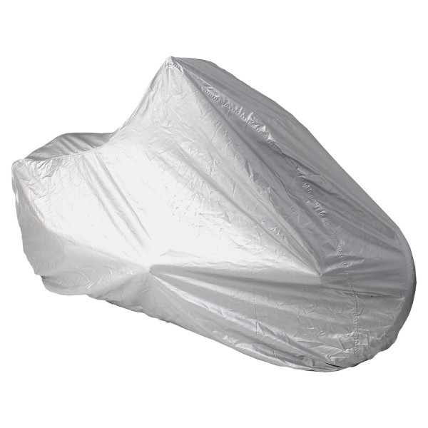 A silver motorcycle cover is shown, designed to protect a motorcycle from environmental elements.