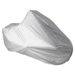 A silver motorcycle cover is shown, designed to protect a motorcycle from environmental elements.