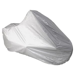 A silver motorcycle cover is shown, designed to protect a motorcycle from environmental elements.