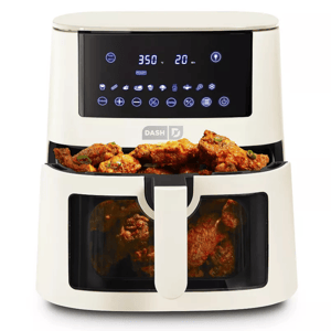 Dash 7qt Clear-View Air Fryer features a digital touchscreen with temperature set at 350°F for 20 minutes. It has a transparent drawer showing cooked food, providing a clear view during cooking while maintaining a compact design.
