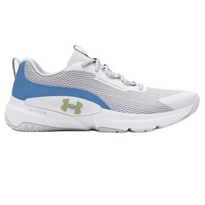 Under Armour Women's Dynamic Shoes feature a breathable white mesh upper with blue accents, lime green logos, and a cushioned white midsole. The design includes a white outsole with textured grip patterns.