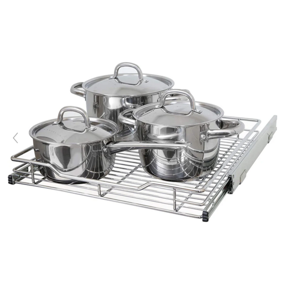 Three stainless steel pots with lids are on a metal pull-out wire rack.
