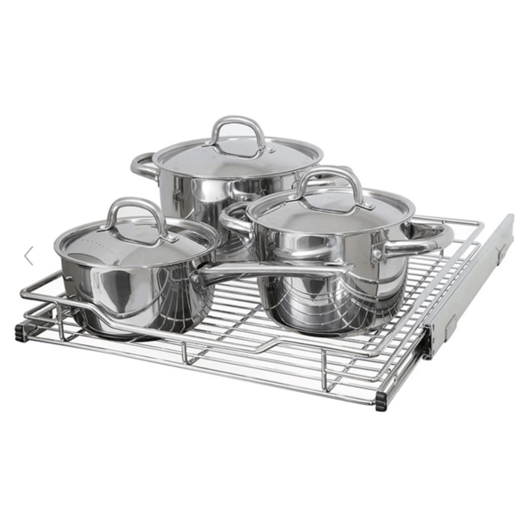 Three stainless steel pots with lids are on a metal pull-out wire rack.