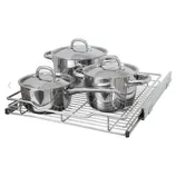 Three stainless steel pots with lids are on a metal pull-out wire rack.