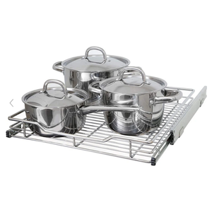 Three stainless steel pots with lids are on a metal pull-out wire rack.