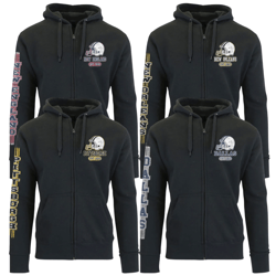 Four black zip-up hoodies with team logos and names: New England, New Orleans, Pittsburgh, and Dallas. Each hoodie features a helmet graphic, year established, and team name vertically on the sleeve.