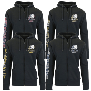 Four black zip-up hoodies with team logos and names: New England, New Orleans, Pittsburgh, and Dallas. Each hoodie features a helmet graphic, year established, and team name vertically on the sleeve.