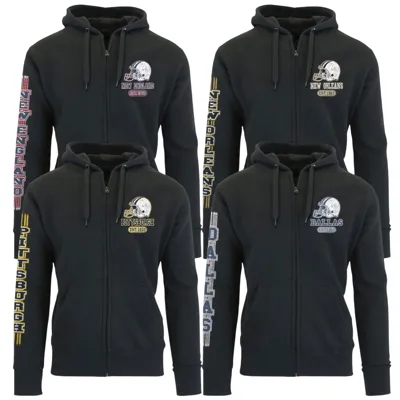 Four black zip-up hoodies with team logos and names: New England, New Orleans, Pittsburgh, and Dallas. Each hoodie features a helmet graphic, year established, and team name vertically on the sleeve.