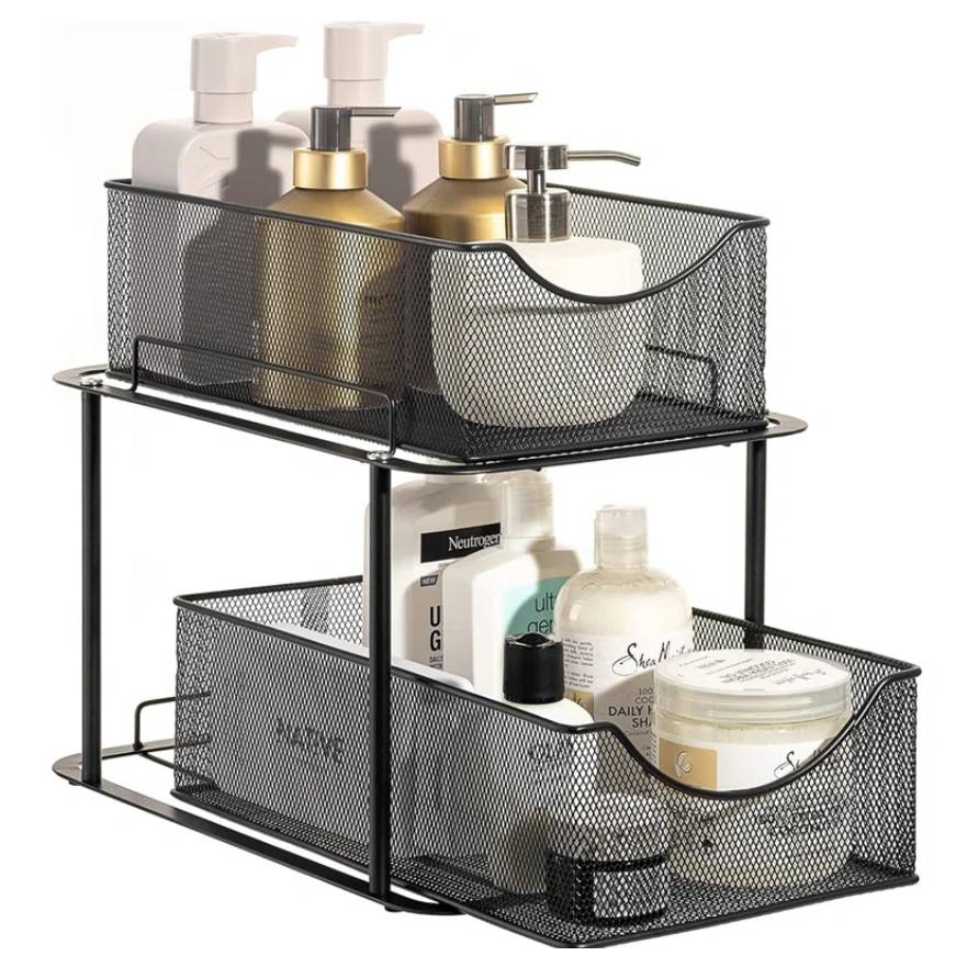 The Sorbus 2-Tier Basket Organizer features black metal mesh baskets, ideal for storing bathroom essentials like soap dispensers and bottles of lotion and shampoo. The upper and lower baskets are stacked to efficiently utilize space.