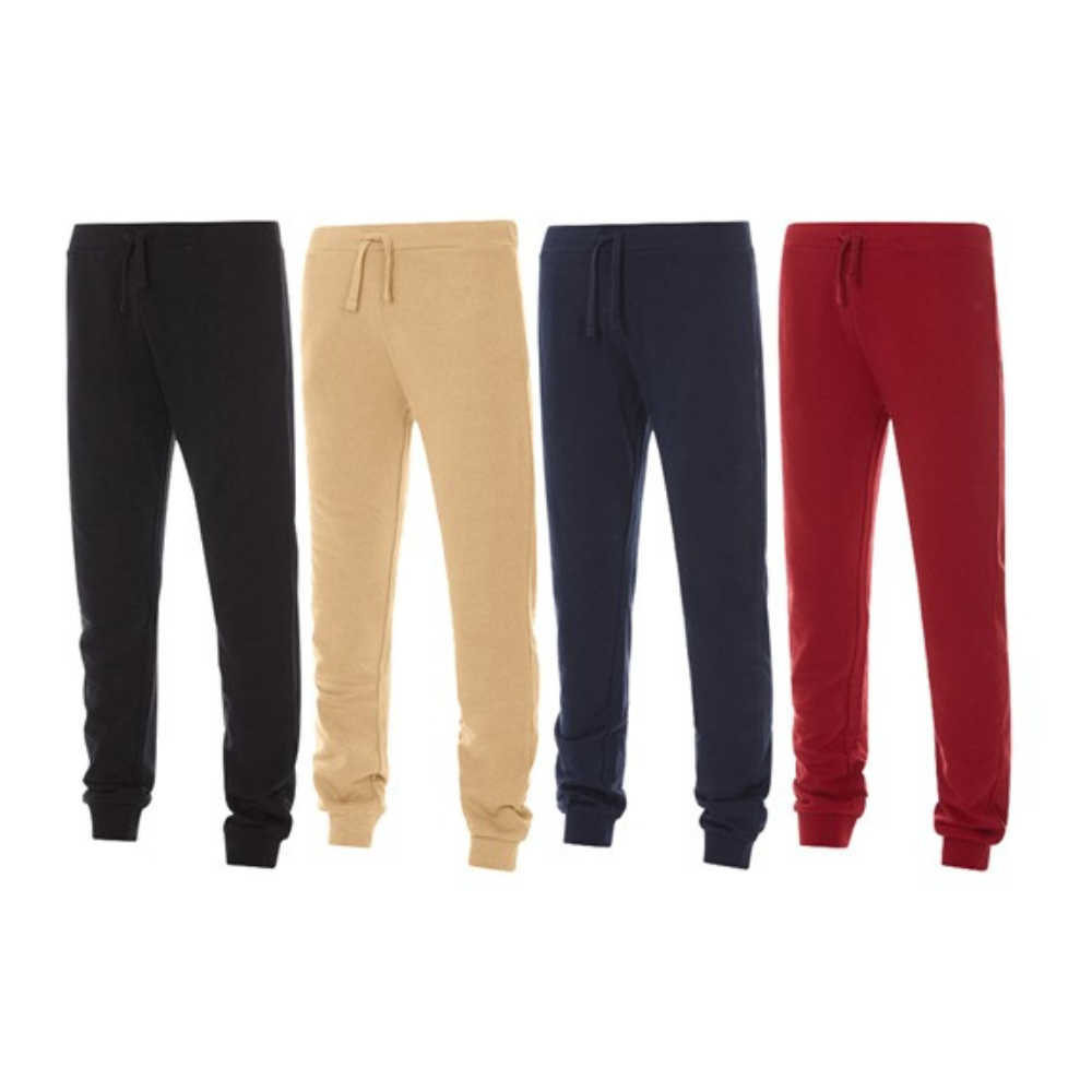 Four pairs of sweatpants in black, beige, navy, and red, each featuring an adjustable drawstring waist and elastic cuffs.