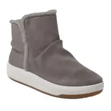 Gray ankle boot with a plush, fur-like lining and a white, thick sole offering a casual and cozy style.