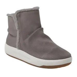 Gray ankle boot with a plush, fur-like lining and a white, thick sole offering a casual and cozy style.