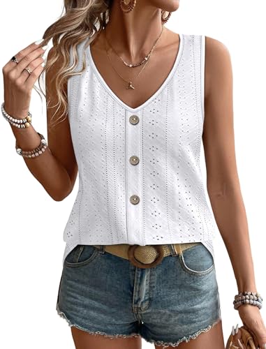 Sleeveless white crochet top with button details, paired with denim shorts.