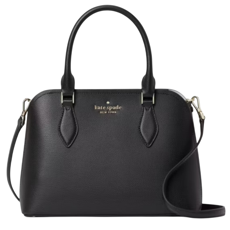 A black leather Kate Spade New York handbag with dual handles and a detachable shoulder strap.