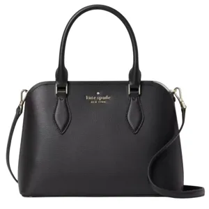 A black leather Kate Spade New York handbag with dual handles and a detachable shoulder strap.