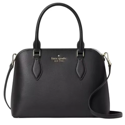 A black leather Kate Spade New York handbag with dual handles and a detachable shoulder strap.
