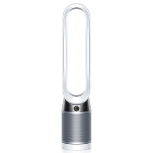 A refurbished Dyson air purifier fan featuring a bladeless design with a tall oval shape. It combines air purification with cooling, using a sleek, modern aesthetic.