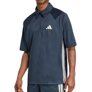 A dark blue Adidas short-sleeve polo shirt with a partial zip collar, featuring a small logo on the chest and white side stripes.