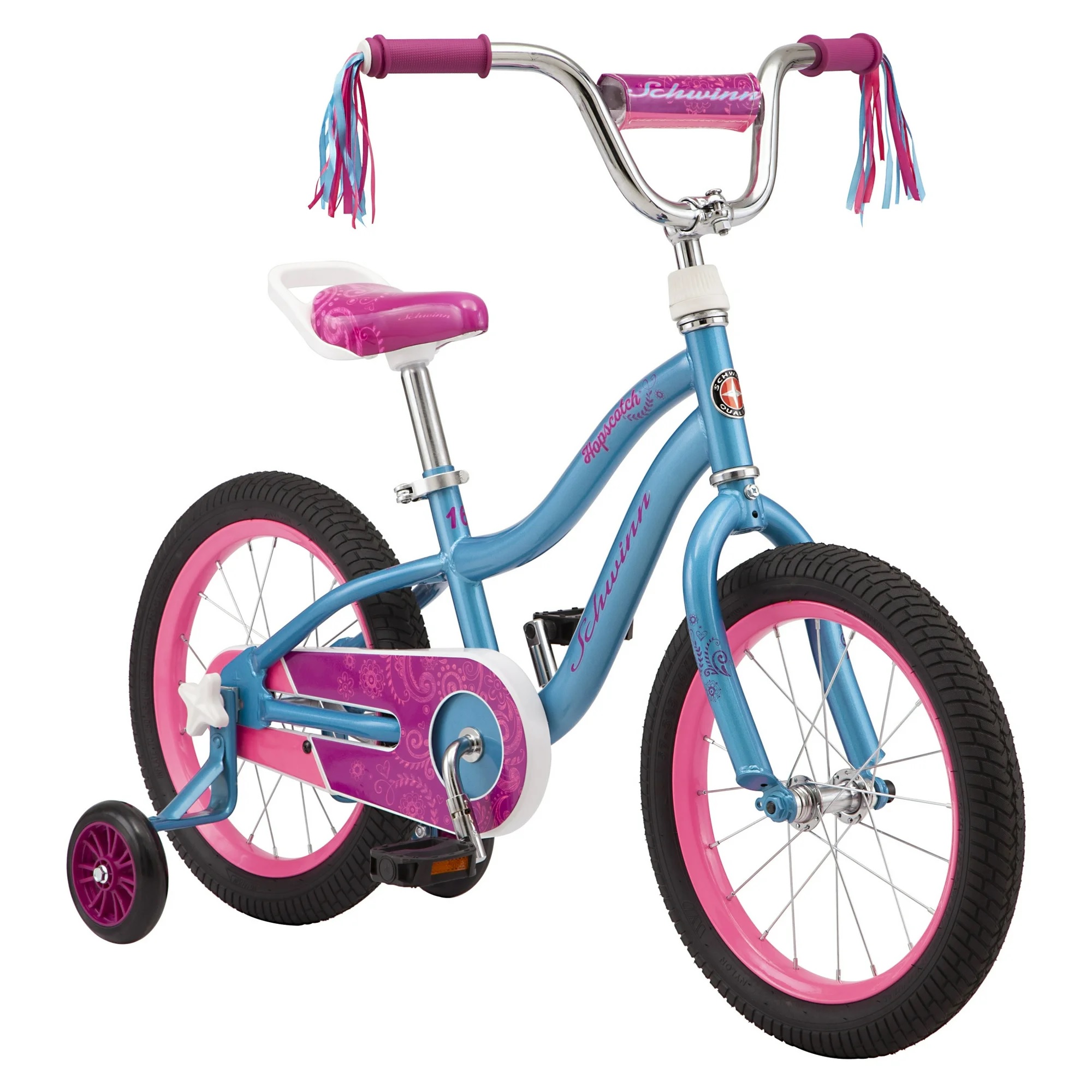 A blue and pink children's bicycle with training wheels and handlebar tassels.