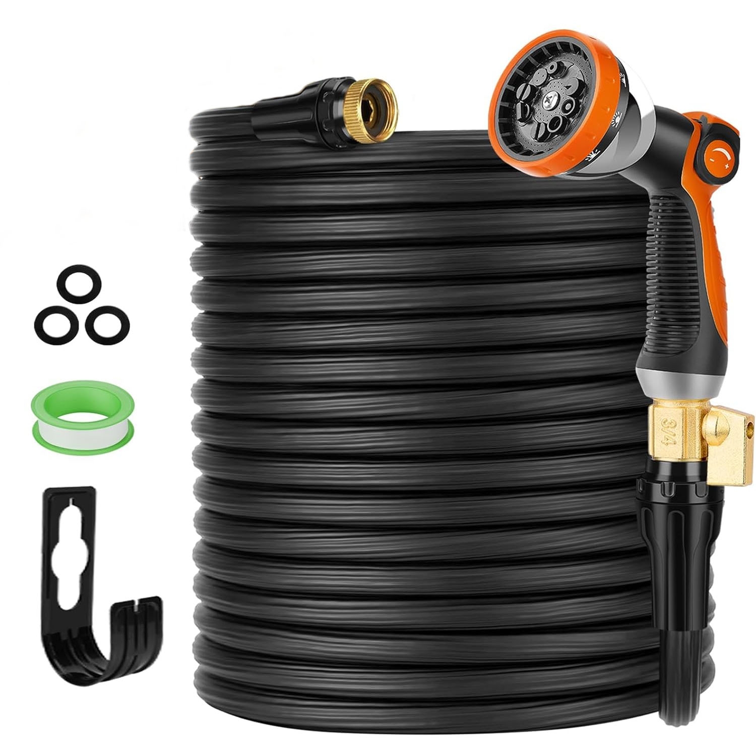 Garden hose set with coiled black hose, spray nozzle, brass connector, three black washers, green sealing tape, and a black hose hanger.
