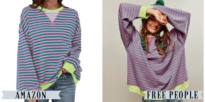 A green and pink oversized striped top from Amazon besides a similar green and pink striped oversized top from Free People.