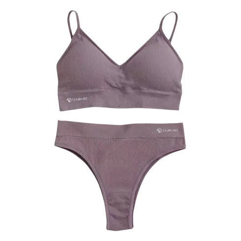 A mauve ribbed bralette and matching high-waisted thong set with brand logo detailing on both pieces.