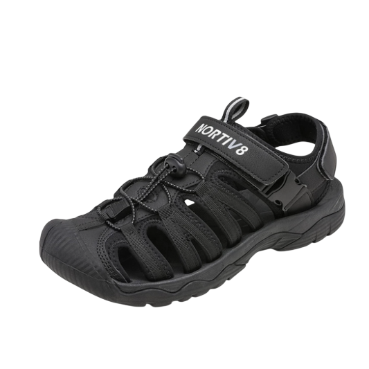 A black outdoor hiking sandal with a closed toe, adjustable strap, secure toggle lacing system, and a durable sole.