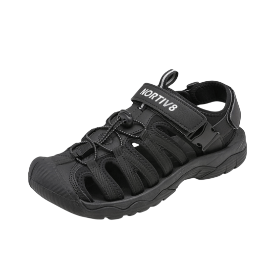 A black outdoor hiking sandal with a closed toe, adjustable strap, secure toggle lacing system, and a durable sole.