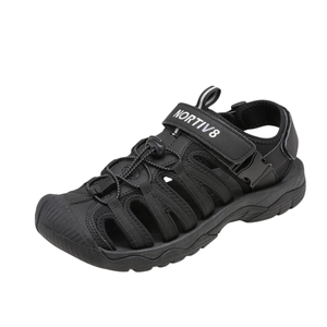 A black outdoor hiking sandal with a closed toe, adjustable strap, secure toggle lacing system, and a durable sole.
