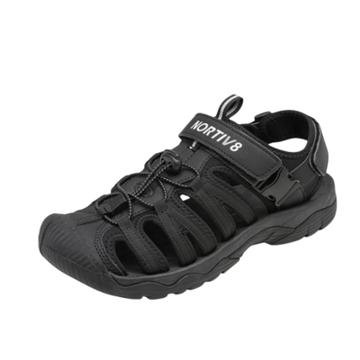 A black outdoor hiking sandal with a closed toe, adjustable strap, secure toggle lacing system, and a durable sole.
