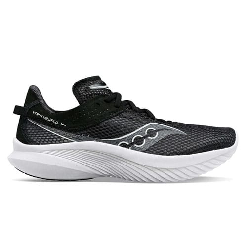 Saucony Kinvara 14 Shoes are black athletic running shoes with a sleek design, featuring a mesh upper, a lightweight sole, and the brand's logo on the side.