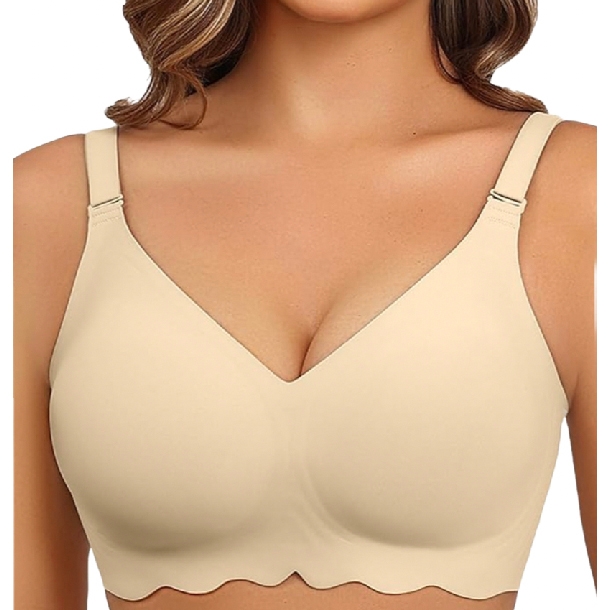 Beige wireless bra featuring adjustable straps and a smooth, seamless design with a scalloped edge.
