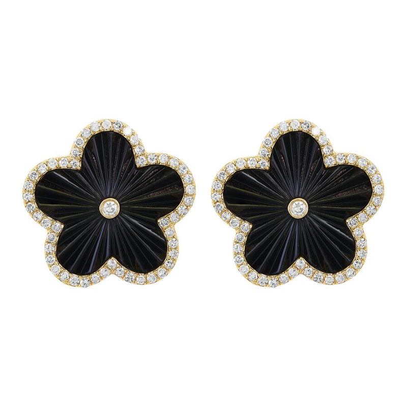 Gold and diamond earrings shaped like four-leaf clovers, featuring black carved centers and diamond borders.