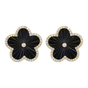 Gold and diamond earrings shaped like four-leaf clovers, featuring black carved centers and diamond borders.