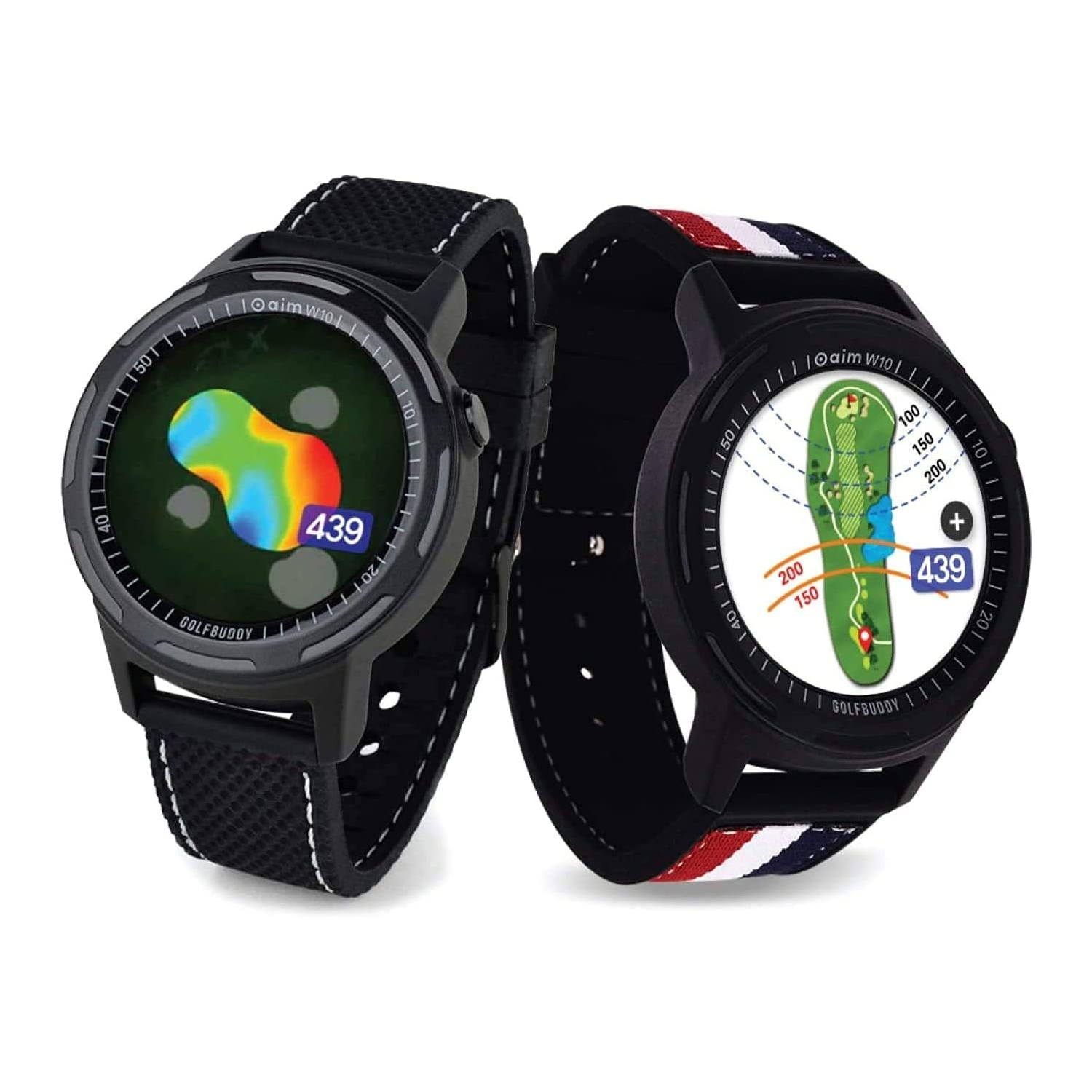 Two smart golf watches with course maps and distances displayed on screens.