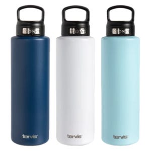 Three Tervis water bottles with looped black lids, shown in dark blue, white, and light blue variations.