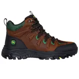 Brown and black hiking boot with green accents, featuring a rugged sole and lace-up design.