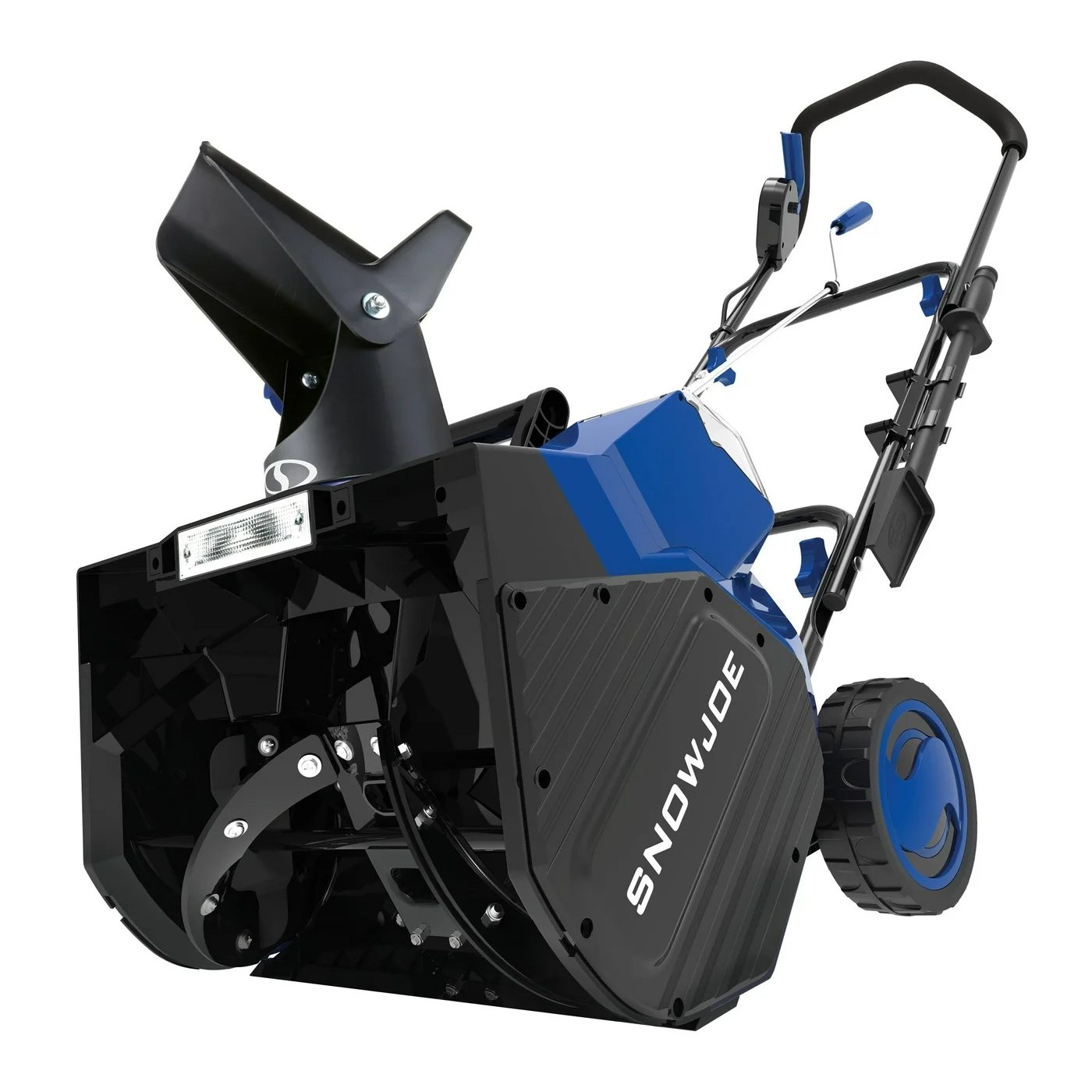 The Snow Joe Electric Snow Blower Bundle includes an electric snow blower with a blue and black design, featuring an adjustable chute and LED headlight for efficient snow removal.