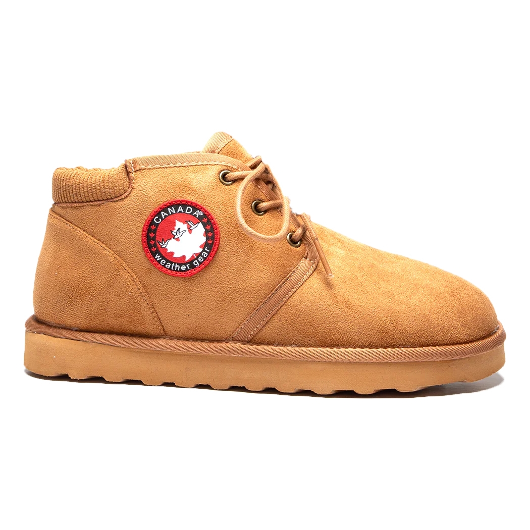 Canada Weather Ankle Boots feature a tan suede finish with a round toe, lace-up design, and a rubber sole. A prominent red and white Canada Weather Gear patch is displayed on the side.