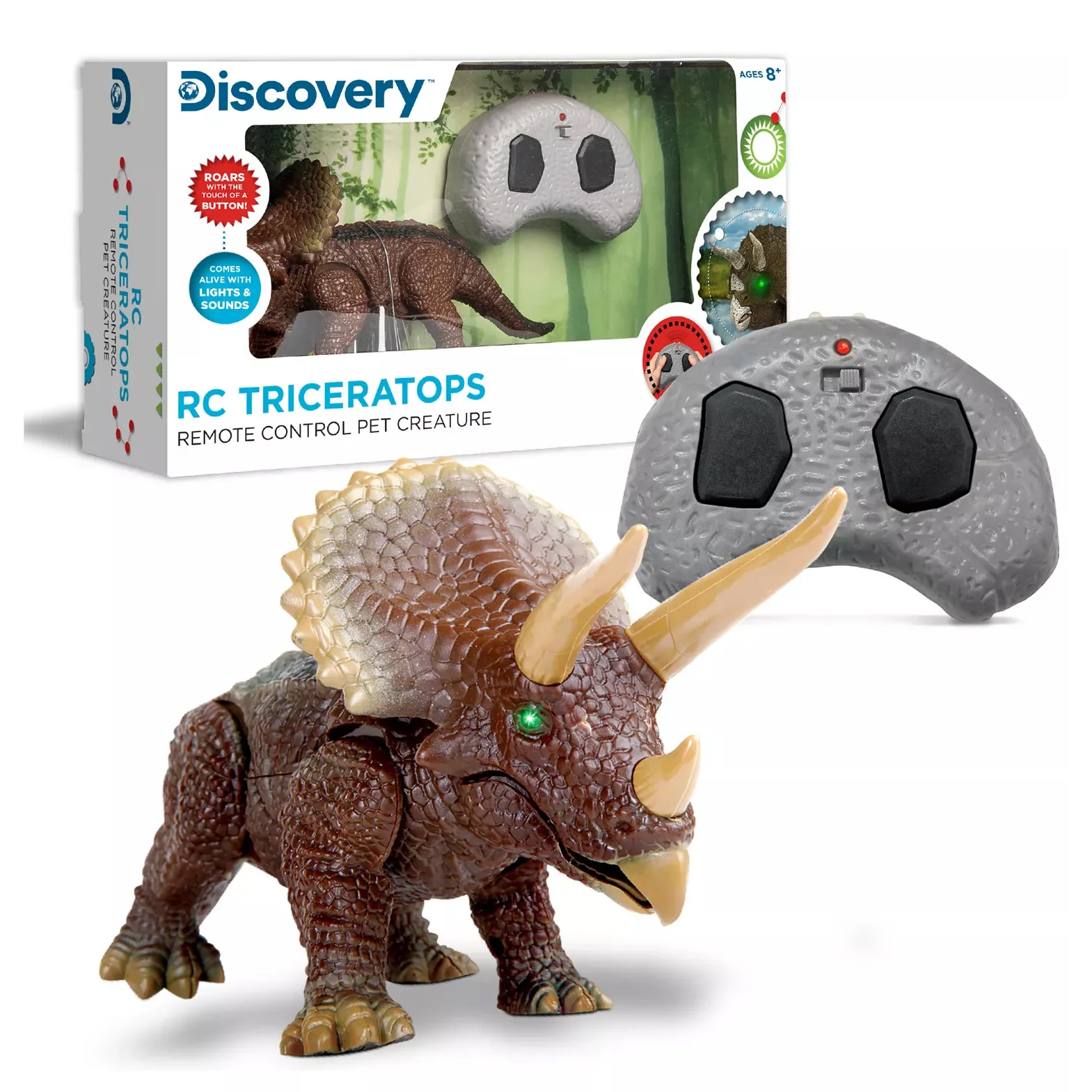 Discovery RC Triceratops toy with a remote control, featuring lights and sounds; suitable for ages 8+.