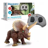 Discovery RC Triceratops toy with a remote control, featuring lights and sounds; suitable for ages 8+.