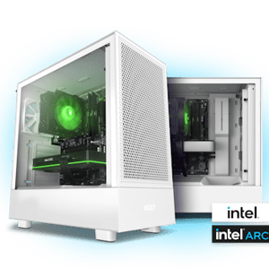 Two computer towers with a white exterior, showcasing internal components illuminated by green lighting, bear the Intel and Intel ARC branding.