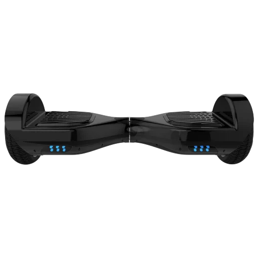A black hoverboard with blue lights on each side of its base.