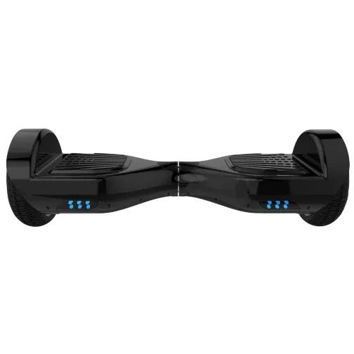 A black hoverboard with blue lights on each side of its base.