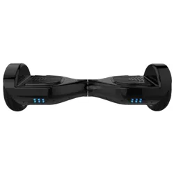 A black hoverboard with blue lights on each side of its base.