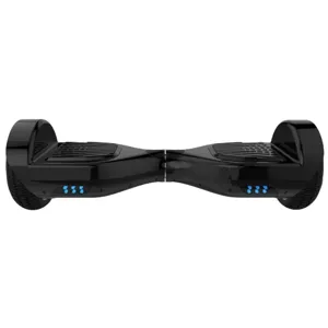 A black hoverboard with blue lights on each side of its base.